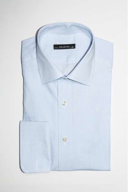 Camisa vestir cuello clásico puño doble azul micro cuadro