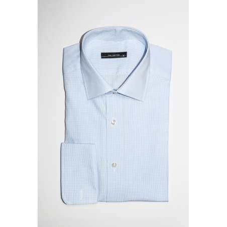 Camisa vestir cuello clásico puño doble azul micro cuadro