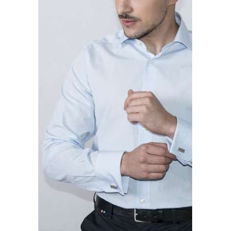 Camisa vestir cuello clásico puño doble azul micro cuadro