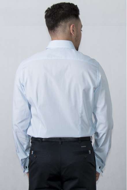 Camisa vestir cuello clásico puño doble azul micro cuadro
